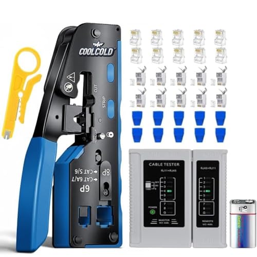 Image of COOLCOLD RJ45 Crimping Tool Kit - Pass Through Ethernet Crimper for Cat7 /Cat6A /Cat6 /Cat5E /Cat5 - Includes 10 Cat7 Connectors, 10 Cat6 Connectors, 10 Covers & Network Cable Tester with Battery