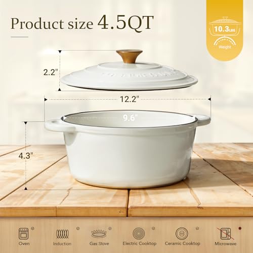 Image of Overmont Enameled Cast Iron Dutch Oven - 4.5QT Pot with Lid Cookbook & Cotton Potholders - Heavy-Duty Cookware for Braising, Stews, Roasting, Bread Baking PearlWhite