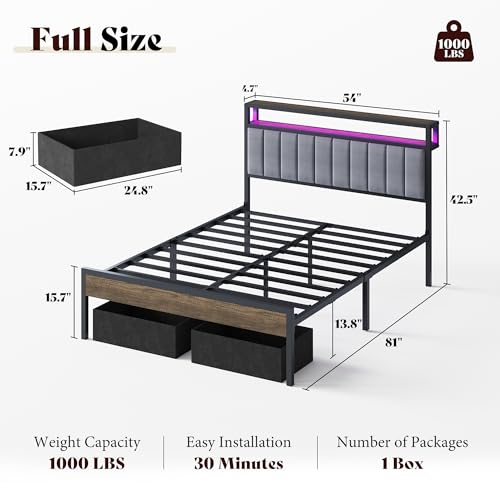 Image of AMERLIFE Full Bed Frame with LED Light and 2 Storage Drawers, Metal Platform Bed with Storage Headboard, Velvet Upholstered, Heavy-Duty Slats, No Box Spring Needed, Easy Assembly, Grey