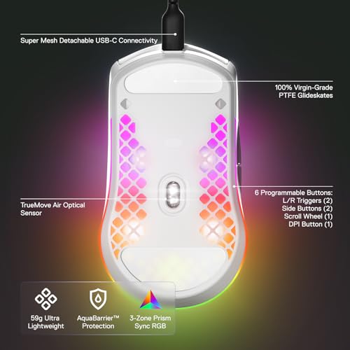 SteelSeries Aerox 3 Wireless - RGB Gaming-Mouse mit Öffnungen in der Oberfläche - Federleichtes, wasserabweisendes Design - Optischer TrueMove Air-Sensor mit 18.000 DPI - Snow – Bild 4