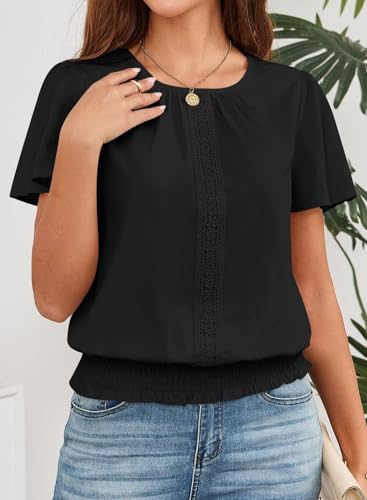 Womens Summer Tops Scoop Neck Ruffle Sleeve Shirts Cute Pleated Front Blouses Dressy Casual 20252