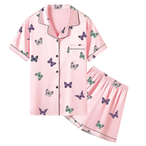Image of Umeyda Women & Girls Pajamas Set, 2 Piece PJS Satin Silk Sleepwear Button-Down Top with Shorts for Mom Kids Gifts