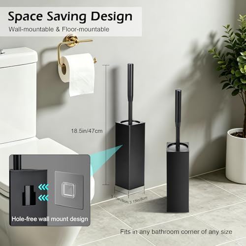 Image of Toilet Bowl Brush and Holder Long Handle Toilet Brush for Bathroom | Wall mount stainless steel toilet brush holder with a splash guard Easy to Clean for Domestic Deep Cleaning Under Rims,Black