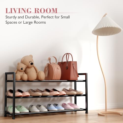 Image of Bumusty 3-Tier Expandable Shoe Rack for Closet, 18 inch-33 inch Adjustable Shoe Rack for Small Space, Small Shoe Organizer for Front Door, Sturdy Metal, Black