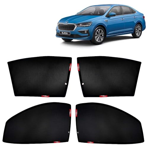 Image of KINGSWAY Car Sun Shade Curtains Only Compatible with Skoda Slavia (2022 Onwards) | Z-Black Fix-Type (Non-Magnetic) | UV & Heat Protection | Pack of 4 Pcs