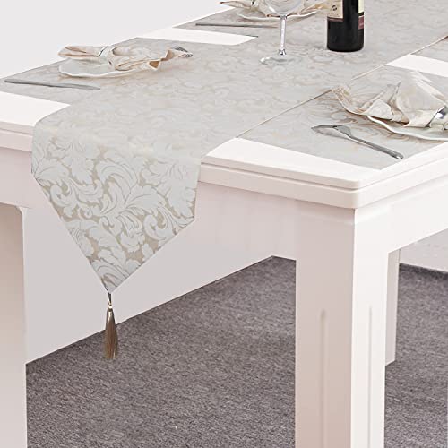 Ehousehome Jacquard Damask Reversible Beige Table Runners With Tassels 13 X 72 Inch Wrinkle And Water Resistant Spill-Proof Decorative Dining And Wedding Runners thumb #3