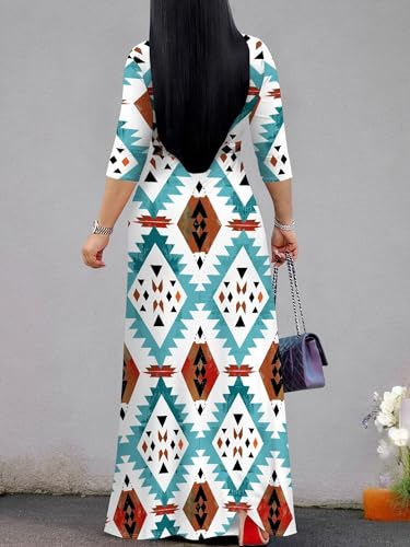 Image of PinkPatty Plus Size Maxi Dress for Women Casual V Neck 3 /4 Sleeve Boho Printed Long Dress with Pockets