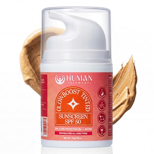 Image of HUMAN ELEMENT GlowBoost Tinted Sunscreen SPF 50 - Broad-Spectrum Sun Protection & Skin Brightening | Niacinamide + Kakadu Plum + Hyaluronic Acid | Lightweight, Non-Greasy, and Hydrating Formula for a Natural Radiant Glow | 50g