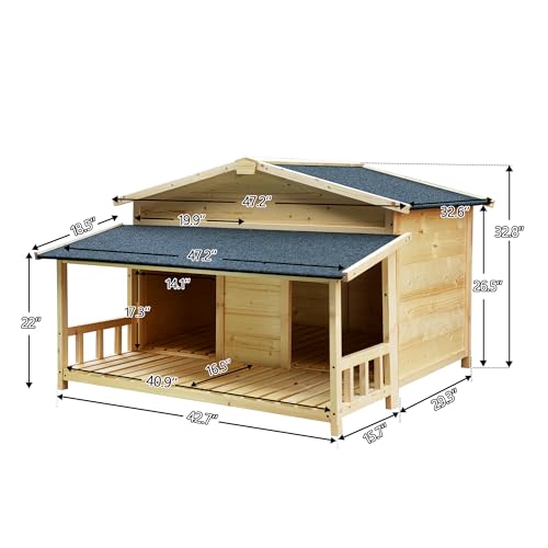 Dog House Outdoor Weatherproof, 47.2" Large Wooden Puppy Shelte Outdoor/Indoor Dog Houses with Porch, Elevated Floor, 2 Doors Dog Kennel