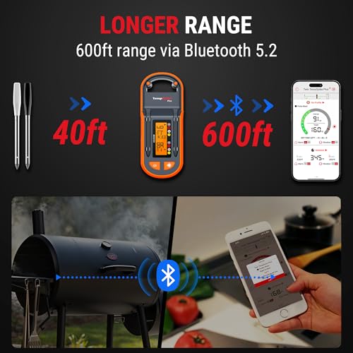 ThermoPro TempSpike Plus 600ft Wireless Meat Thermometer with 2 Color-Coded Probes, Bluetooth Meat Thermometer Wireless with LCD-Enhanced Booster for Food Cooking Grill Smoker
