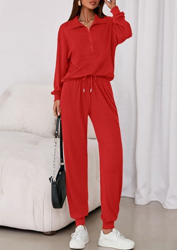 Image of PRETTYGARDEN Women 2 Piece Ribbed Knit Matching Lounge Sets | Comfy Sweat Track Suits, Athleisure Casual Outfit, Half Zip Sweatshirt & Jogger Pants, Fall Winter Clothes for Airport Travel