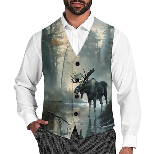 Moose Western Animal Men's Suit Vest Waistcoat Vests Formal Dress with 2 Pockets for Business Casual Tuxedo