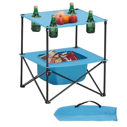 VEVOR Folding Camping Table Portable Outdoor Lightweight Picnic Table 600D Oxford Fabric Waterproof Canvas Travel Beach Tables with 4 Cup Holders Carry Bag for Tailgating Camping Picnic Blue