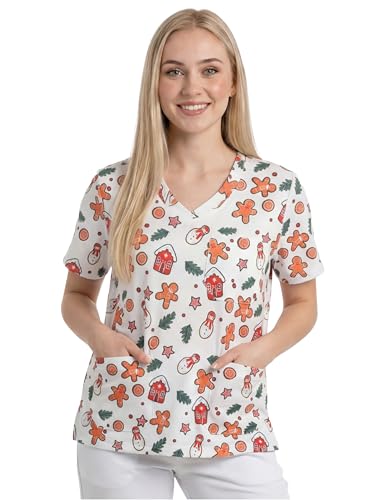 Nurse is Love Casaca Sanitaria Mujer White-Christmas (L) – Camisa con Motivo Navideño para Mujer | Pijama Sanitario con Bolsillos | Regalo de Enfermería