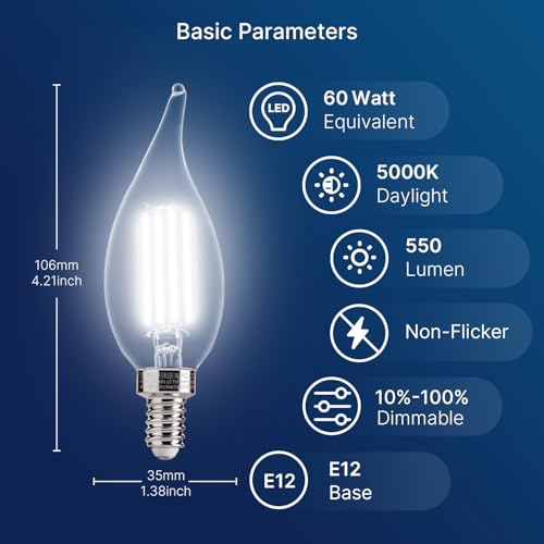 Image of FLSNT LED Candelabra Light Bulbs, CA11 E12 Chandelier LED Light Bulbs 60W Equivalent, 5000K Daylight, 550LM, 5.5W, 90+ High CRI, AC 120V, 6 Pack, Dimmable UL,CA65 Listed.