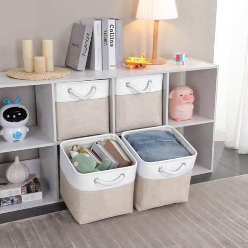 Mangata Fabric Storage Baskets, 33x38x33cm Cube Storage Unit Boxes Storage Boxes for Kallax Organizing Clothes Shelf Nursery Home Closet(Light Beige/White, Set of 3) - Image 2