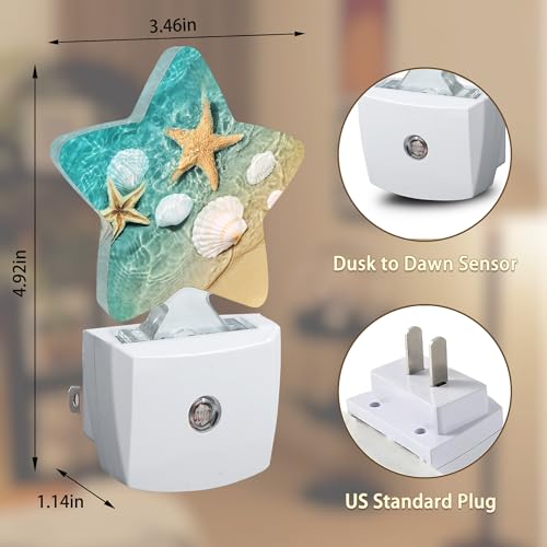 Image of Starfish Shell Beach Night Light Plug-in Dusk to Dawn Smart Sensor White Led Nightlight for Bedroom Bathroom Kitchen Hallway Stairs Energy Efficient Decor Desk Lamp