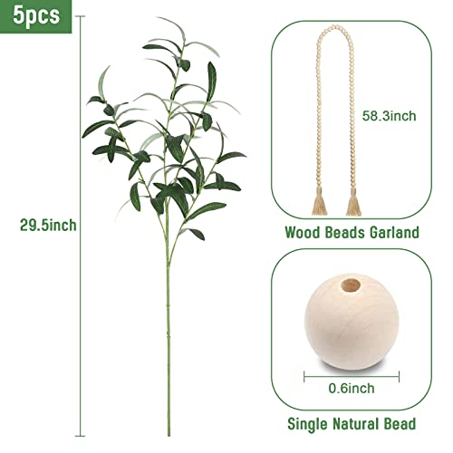 Waipfaru 5Pcs 29'' Olive Branches For Vases With Wood Bead Garland, Faux Olive Tree Branches Fake Plants, Artificial Greenery Stems Decor For Centerpieces Flower Arrangements #TOP4
