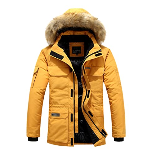 Parka d'hiver homme grande taille veste jaune chaude imperméable à capuche fourrure