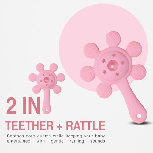 Image of Silicone Baby Teether & Rattle Toy - Soft & Safe for Infants, BPA-Free, Multi-Texture Design for Teething Relief & Early Development (Pink)