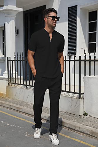 Fznhql Men's Fashion Tracksuits 2 Piece Outfits Casual Polo Suit Athletic Running Jogging Track Suits For Men Workout Set Black Xl #TOP2