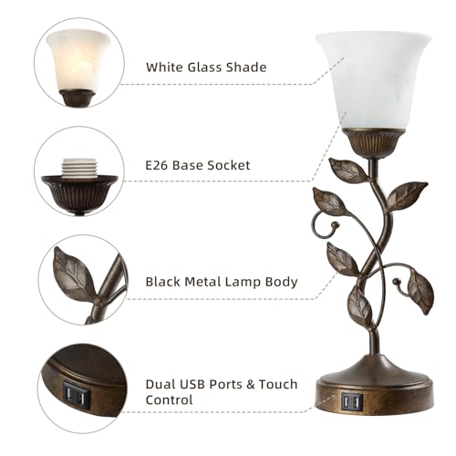 RORIANO Touch Bedside Table Lamp, Vintage Nightstand Lamp with 2 USB Ports for Living Room, 3 Way Dimmable Leaf Lamp Retro Table Lamp for Bedroom with White Glass Shade, LED Bulb Included - Image 6