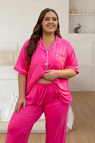 Vozanet Women's Plus Size Pajamas Button Down Shirt and Pants Soft Lounge Sets Bride Nighty Bottom with Pockets 1x to 5x3