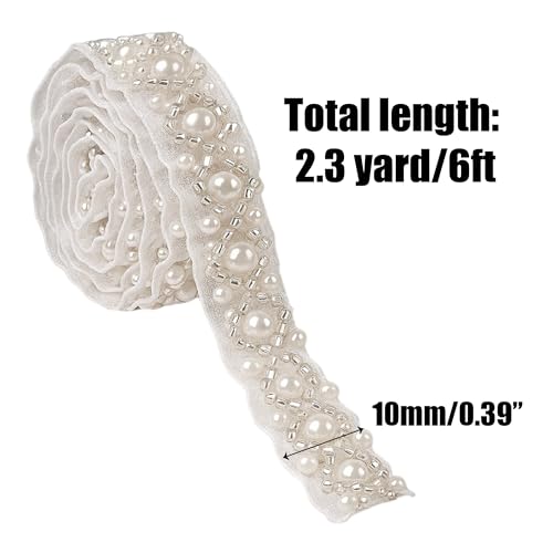 2.3 Yard White Lace Pearl Beaded Trim – Rhinestone Applique Embellishment for Bridal Wedding Dress Strap Sewing DIY Decoration, Ribbon Trimming Edge with Crystal Chain Banding Border Strips Inlaid
