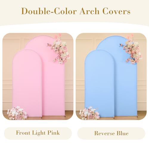 Image of Pink and Blue Arch Cover 2 Set- 7.2 and 6ft Gender Reveal Arch Backdrop Cover Spandex Arch Stand Covers for Baby Shower Boys or Girls Birthday Party Banquet Photo Background Decorations