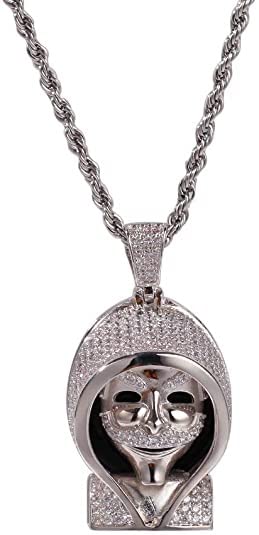 Hip Hop Iced out Grim Reaper Retro Punk Pendent 18 carati in Oro Bianco Placcato Oro Collana for Uomo Donna (Color : with Rope Chain)