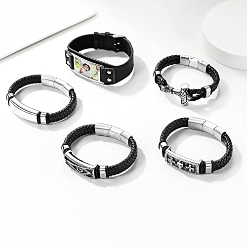 Vintage Stainless Steel Thor's Hammer Leather Cord Braided Bracelets Men Boys Cool Viking Amulet Wrap Bracelets With Clasp, Adjustbale Size 20-21Cm #TOP6