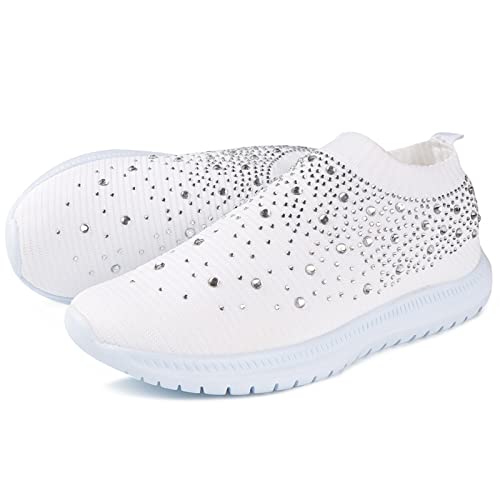 Dimleen Womens Rhinestones Glitter Fashion Mesh Walking Shoe Breathable Slip-on Loafers Non-Slip Orthopedic Arch Support Sock Sneaker (White,9,Women,9)