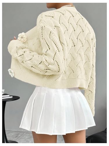 Image of GORGLITTER Women's Crochet Button Up Cropped Cardigan Cute Floral Long Sleeve Knit Sweater Tops Dressy Going Out Outfits