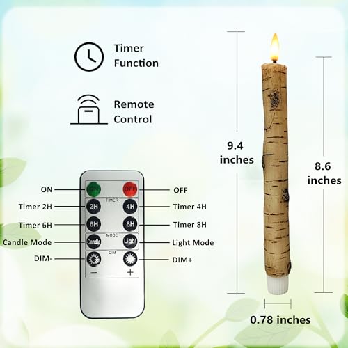 Image of LED 9.84 inch Flameless Taper Candles with Birch Bark Effect Battery Operated Real Wax Flickering Candlesticks with Remote Control and Timer Rustic Primitive Lights Decor Vintage Candles, Pack of 2