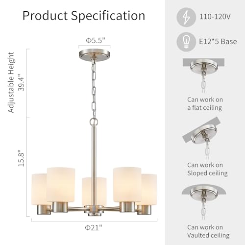 Image of WUZUPS 5-Light Pendant Chandelier Light Frosted White Glass Shade with Grain Ceiling Lighting Elegant Modern Fixture Bathroom Kitchen Dining Room Entry Foyer, H 15.8 inch W21, E12 Base, Brushed Nickel