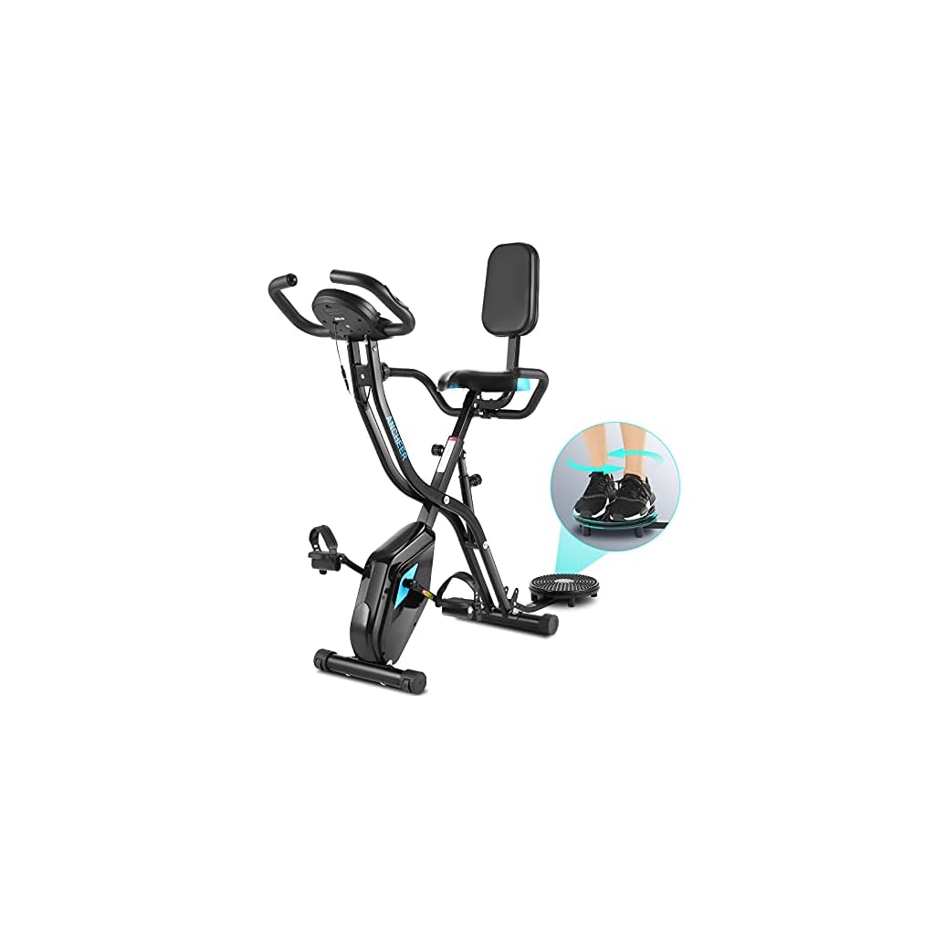 ANCHEER Hometrainer, inklapbaar, oefenfiets, app, 10 weerstandsniveaus, magnetisch, fitnessfiets met houder voor tablet/telefoon en brede en comfortabele pasvorm, zwart (met rugleuning)