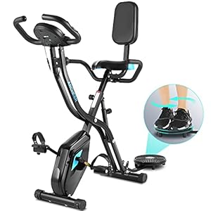 ANCHEER Hometrainer, inklapbaar, oefenfiets, app, 10 weerstandsniveaus, magnetisch, fitnessfiets met houder voor tablet/telefoon en brede en comfortabele pasvorm, zwart (met rugleuning)