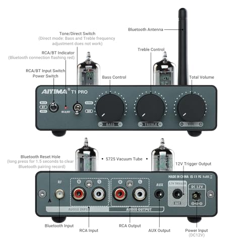 AIYIMA T1 PRO Tube Preamp Vacuum Receiver Home Audio Preamplifier with RCA/Bluetooth & Bass Treble for HiFi Stereo Amplifier&Powered Speakers,with AUX/12V Trigger Signal Output