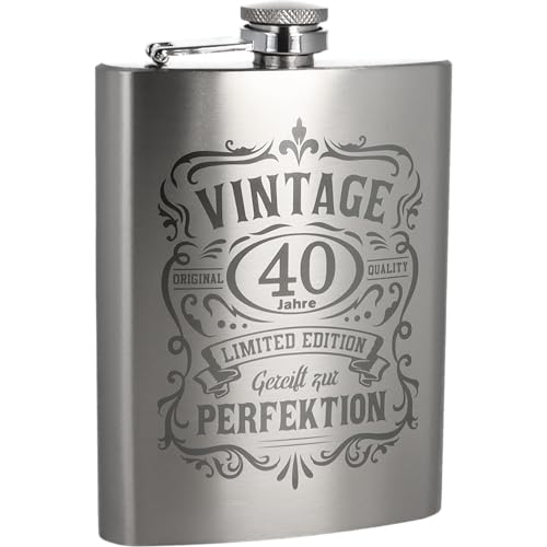 Edelstahl Flachmann mit Lasergravur 236 ml (8 oz) personalisierbares Design auslaufsicher Geschenk für Männer Geburtstag Jubiläum (40 Jahre)