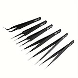 6PCS 6-Piece Precision ESD Tweezers Set Stainless Steel Non-Magnetic Bent Tips 0.8mm For Jewelry Crafts Electronics Repair, 0.8mm
