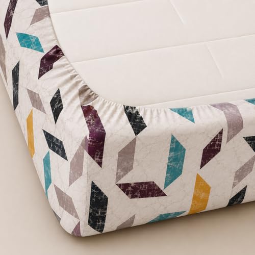 Image of Fitted Sheet White Multicolor Abstract Print Fitted Bedsheet | Glace Cotton 140 TC | King Size (72x78 inch) with 2 Pillow Covers (18x28 inch) | Deep Pocket up to 10 Inches - Soft & Comfortable