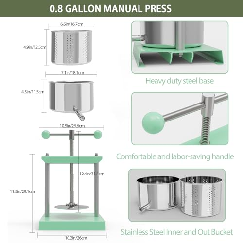 Image of 1.6 Gallon Manual Press - Professional Stainless Steel Fruit & Vegetable Juicer with Filter Bag - Large 6L Capacity Honey Extractor & Cheese Squeezer - Heavy Duty Hand Press for Plant Infusions