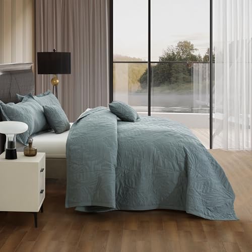 Image of HZ & HY Botanical Oversized King Bedspread 128x120 Extra Wide, Stitched Leaf Quilt Set King /Cal King, Lightweight Reversible Coverlet, Tailored Edge - Soft Neutral Look, 5 Piece, Grey