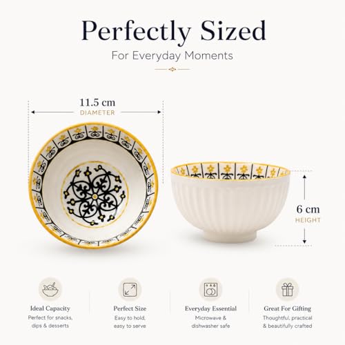 Image of Japanese Style Ceramic Bowl Set of 6 with Gift Box | 300ml Snack Dessert Soup Bowls, Ribbed White Bowls with Handcrafted Patterns, Microwave & Dishwasher Safe (Golden Eclipse)