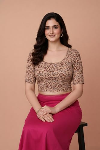 Image of Amazon Brand - Anarva Women's Kalamkari Print Cotton Stretchable Round Neck Readymade Saree Blouse