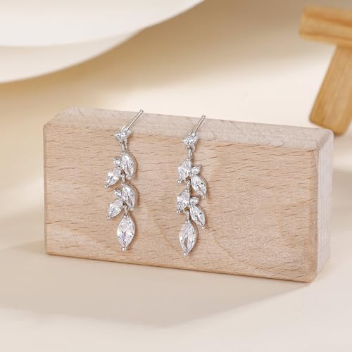 EAMTI Marquise Wedding Earrings for Brides Bridesmaid Cubic Zirconia Leaf Dangle Sterling Silver Posts Earrings for Women2