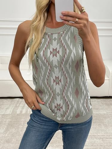 Image of MARZXIN Women Sleeveless Sweater Tank Round Neck Casual Aztec Geometric Knit Sweater Top