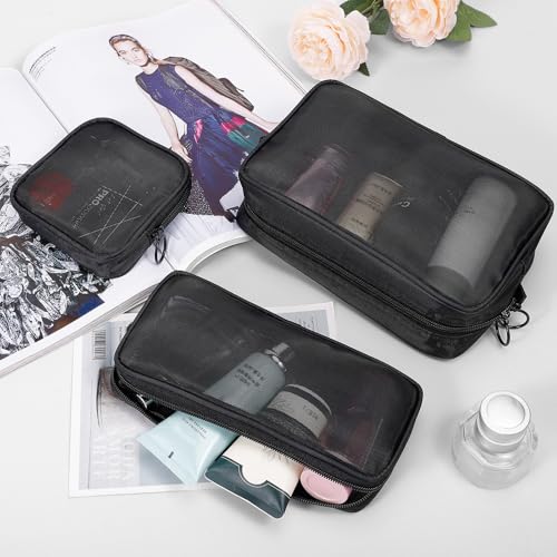 5 Pieces Mini Zipper Nylon Mesh Pouch, Mesh Cosmetic Bags Makeup Bags, Multipurpose Travel Toiletry Bags for Office Supplies and Travel Accessories (Black, Assorted Sizes)3