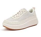 LUCKY STEP Women's Rhinestone Sneaker Chunky Fashion Platform Sparkly Elastic Walking Shoes(Beige Pearl,8.5 B(M) US)