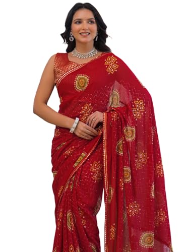 Image of SIRIL Women's Bandhani Printed Embroidery Georgette Saree with Unstitched Blouse Piece